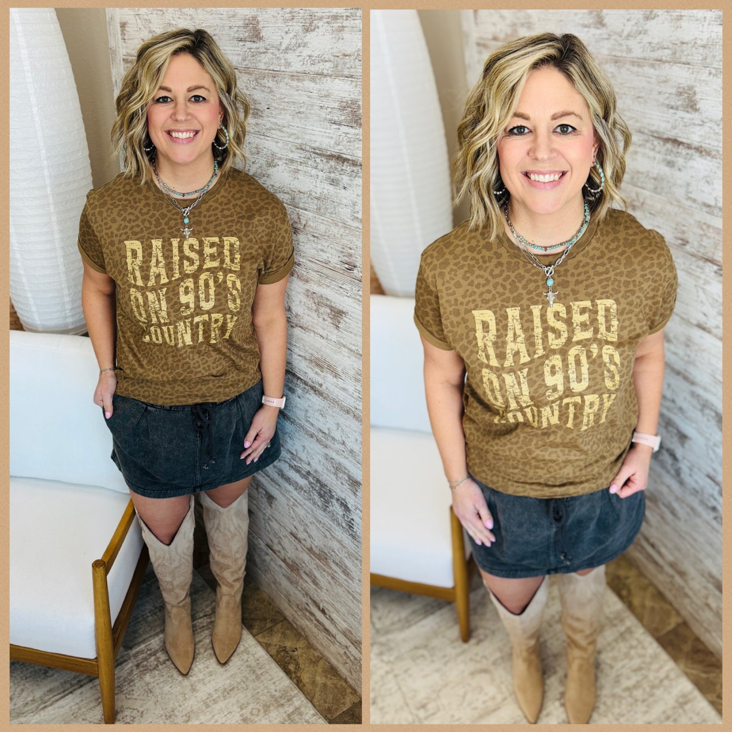 Raised on 90's Country Brown Leopard LAT Tee