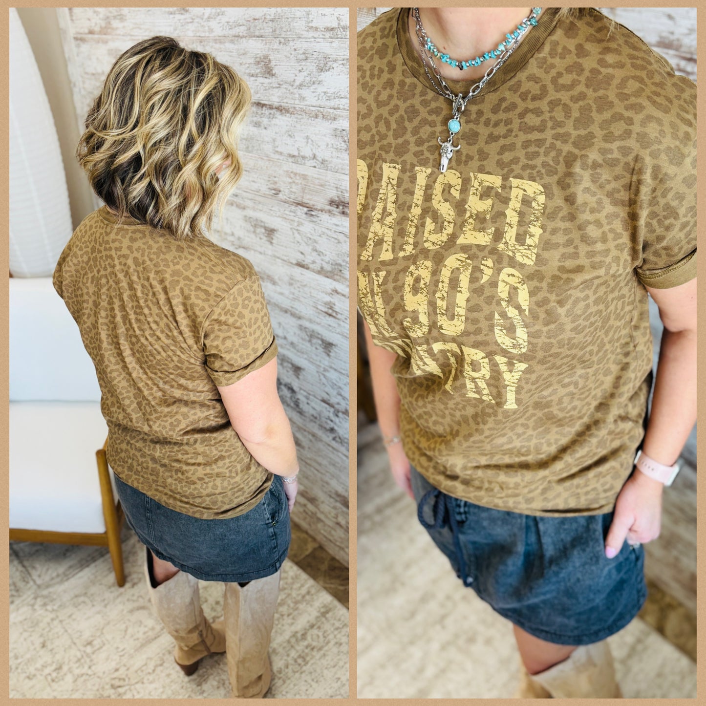 Raised on 90's Country Brown Leopard LAT Tee