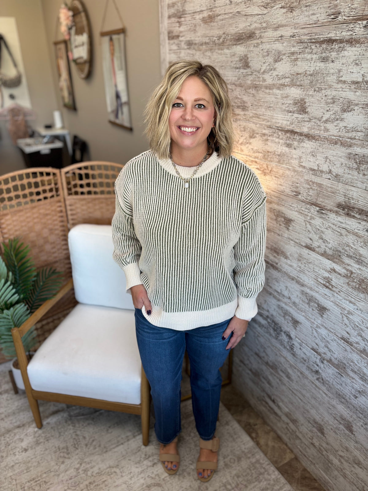 Light Olive Two Tone Crewneck Sweater