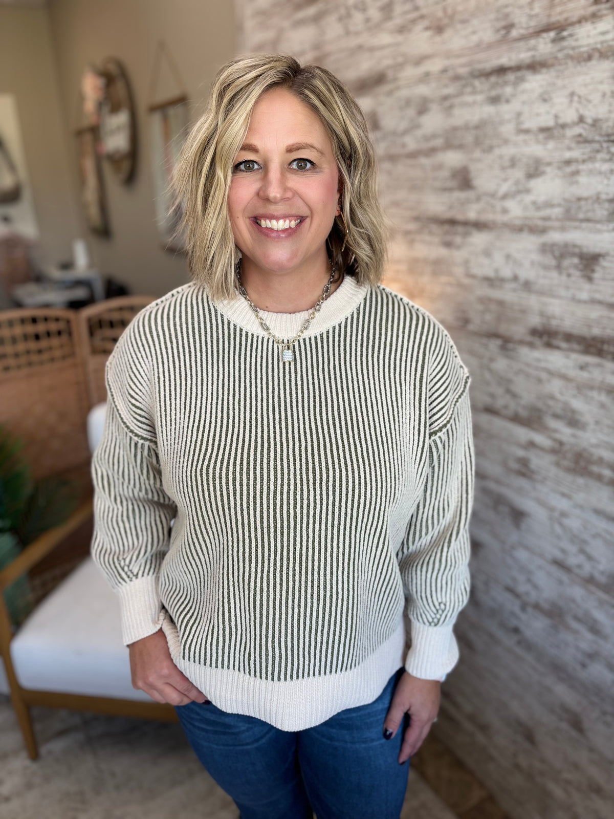 Light Olive Two Tone Crewneck Sweater