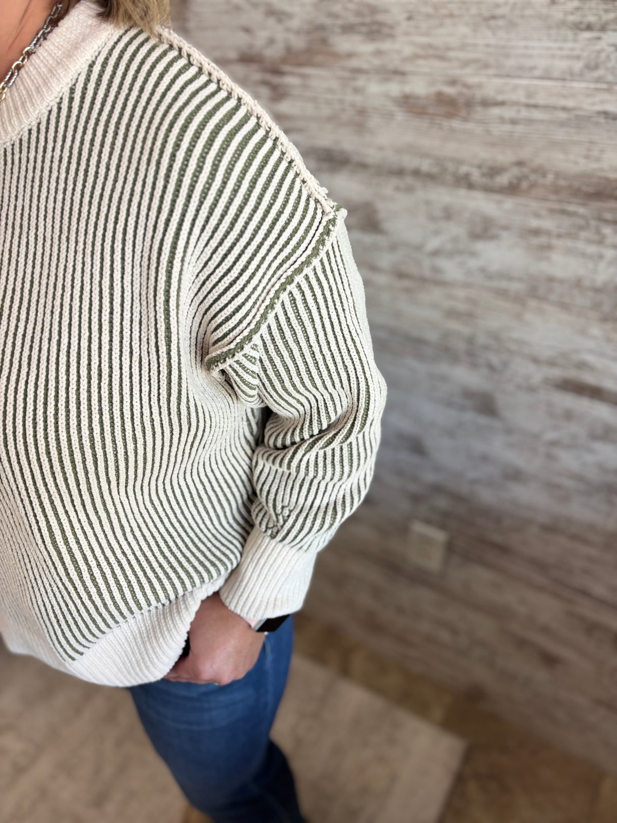 Light Olive Two Tone Crewneck Sweater