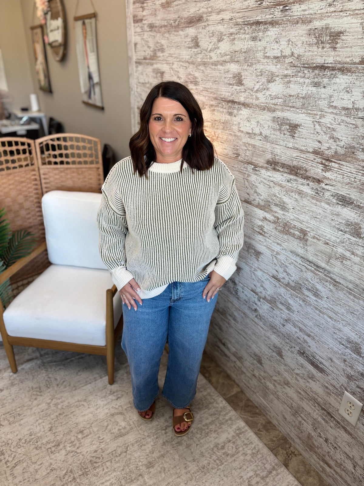 Light Olive Two Tone Crewneck Sweater