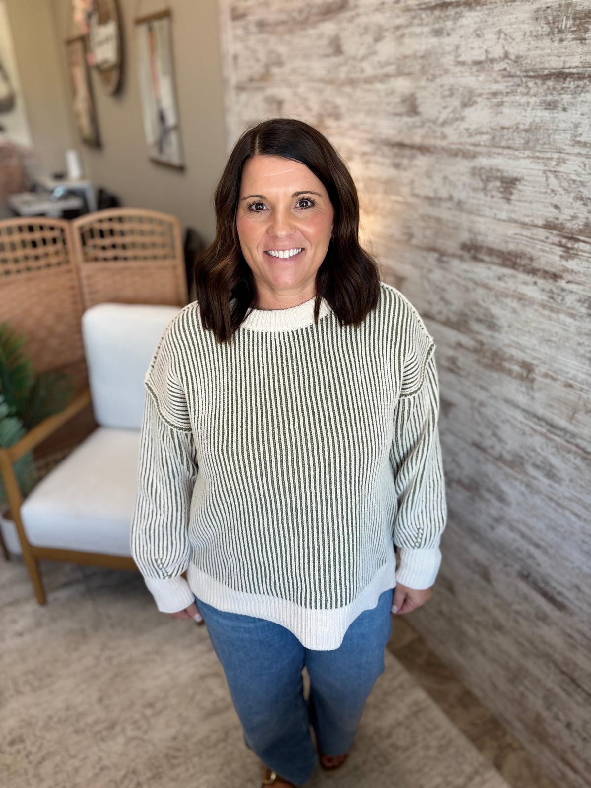 Light Olive Two Tone Crewneck Sweater