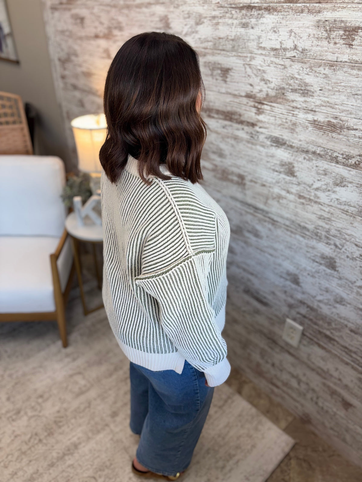 Light Olive Two Tone Crewneck Sweater