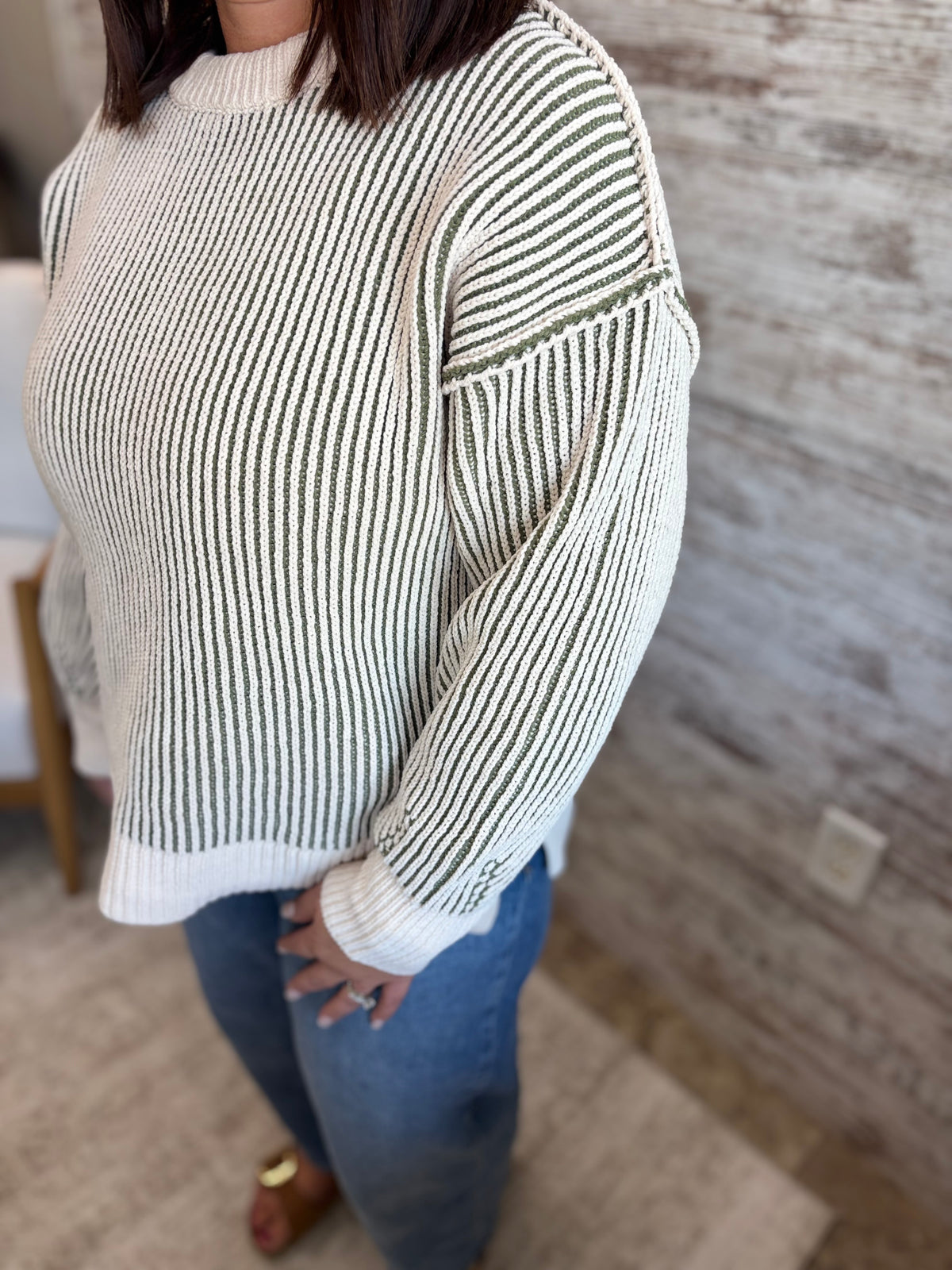 Light Olive Two Tone Crewneck Sweater