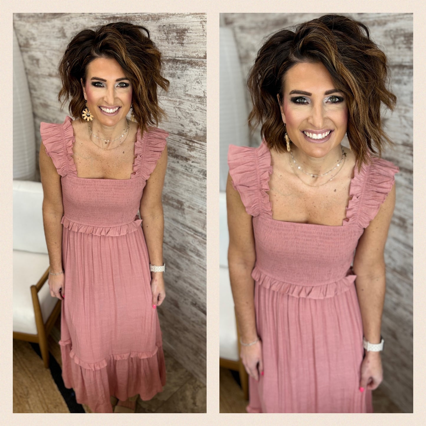 FLUTTER SLEEVE SMOCKED MIDI DRESS