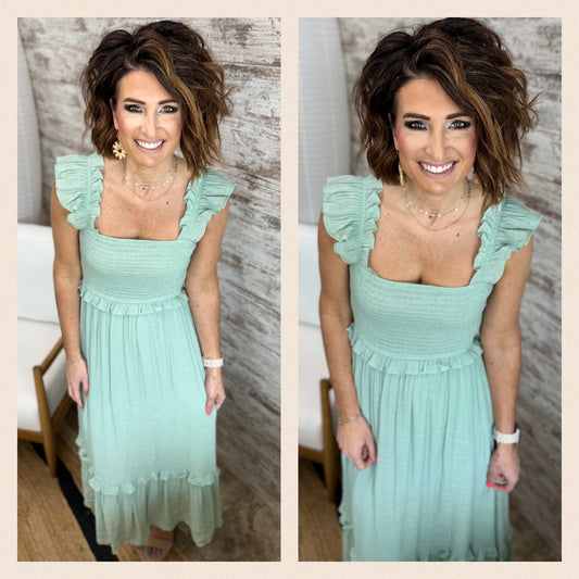 FLUTTER SLEEVE SMOCKED MIDI DRESS