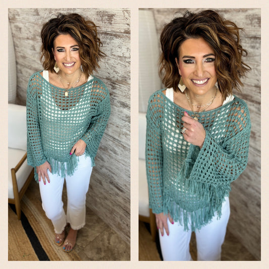 Dusty Teal Crochet Sweater With Fringe