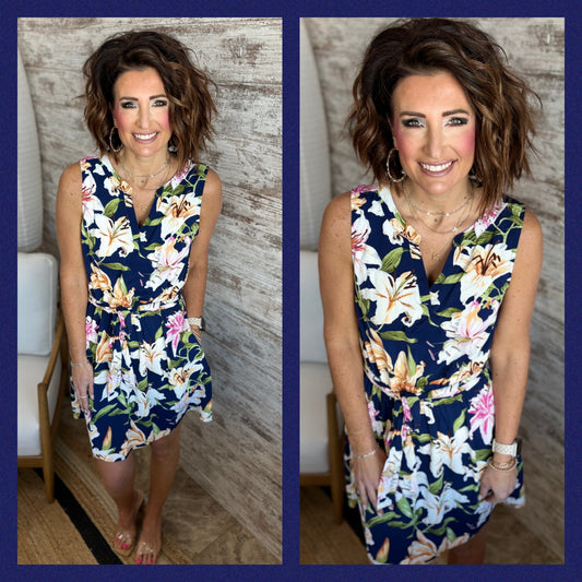 Navy Sleeveless Floral Print Dress