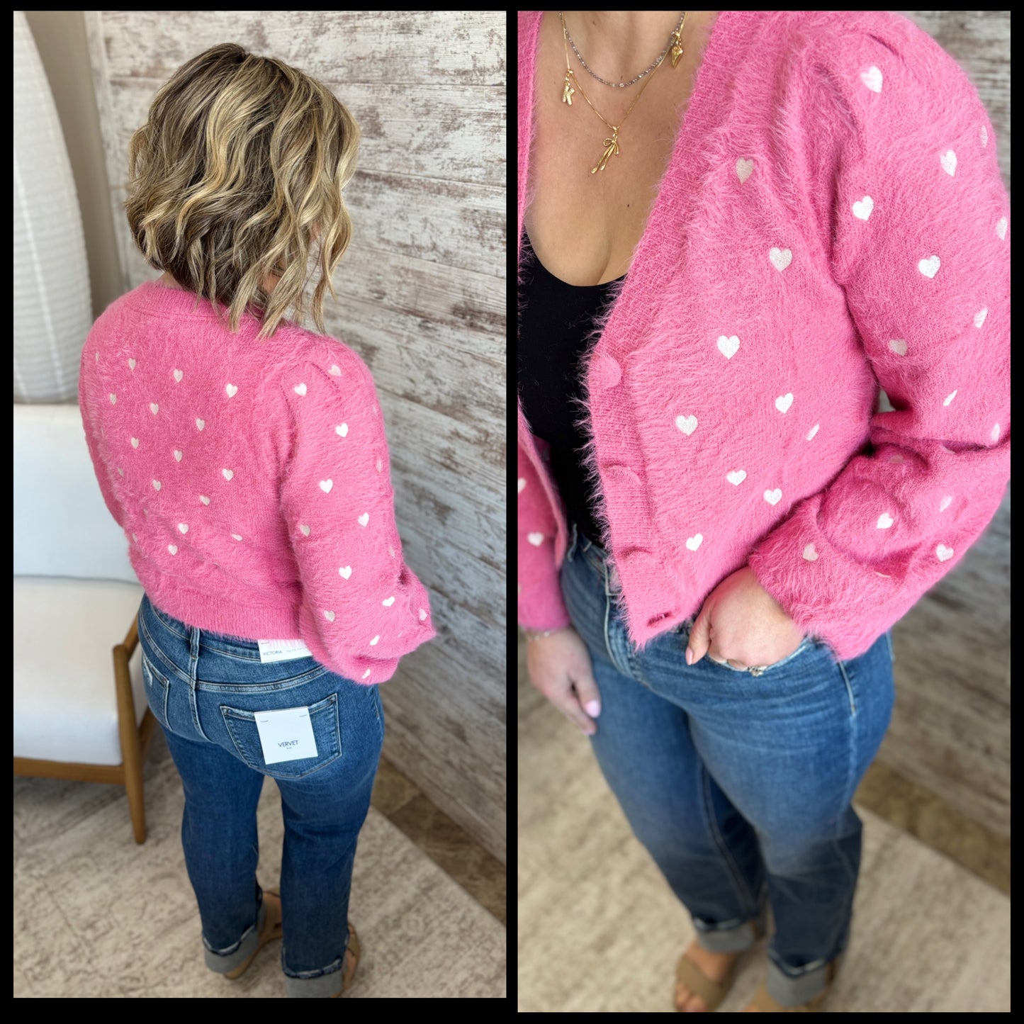 Pink Puff Sleeve Heart Cardigan