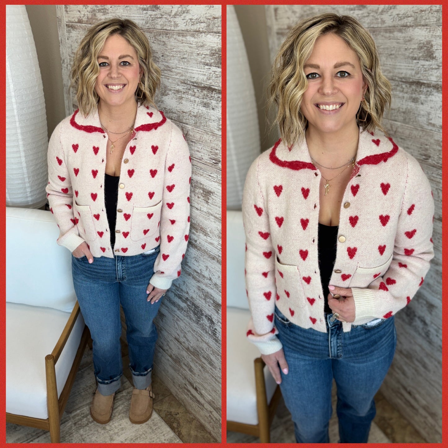 Heart Pattern Scallop Collar Button Down Cardigan