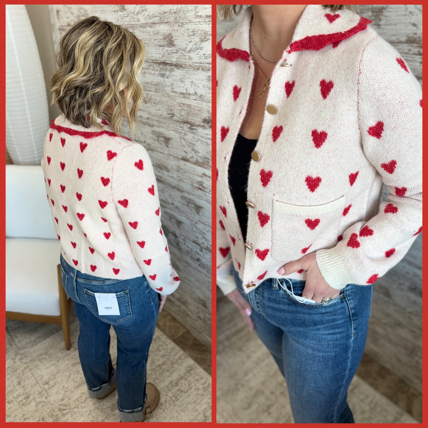 Heart Pattern Scallop Collar Button Down Cardigan