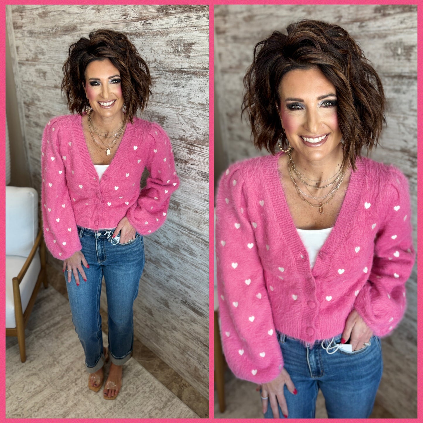 Pink Puff Sleeve Heart Cardigan