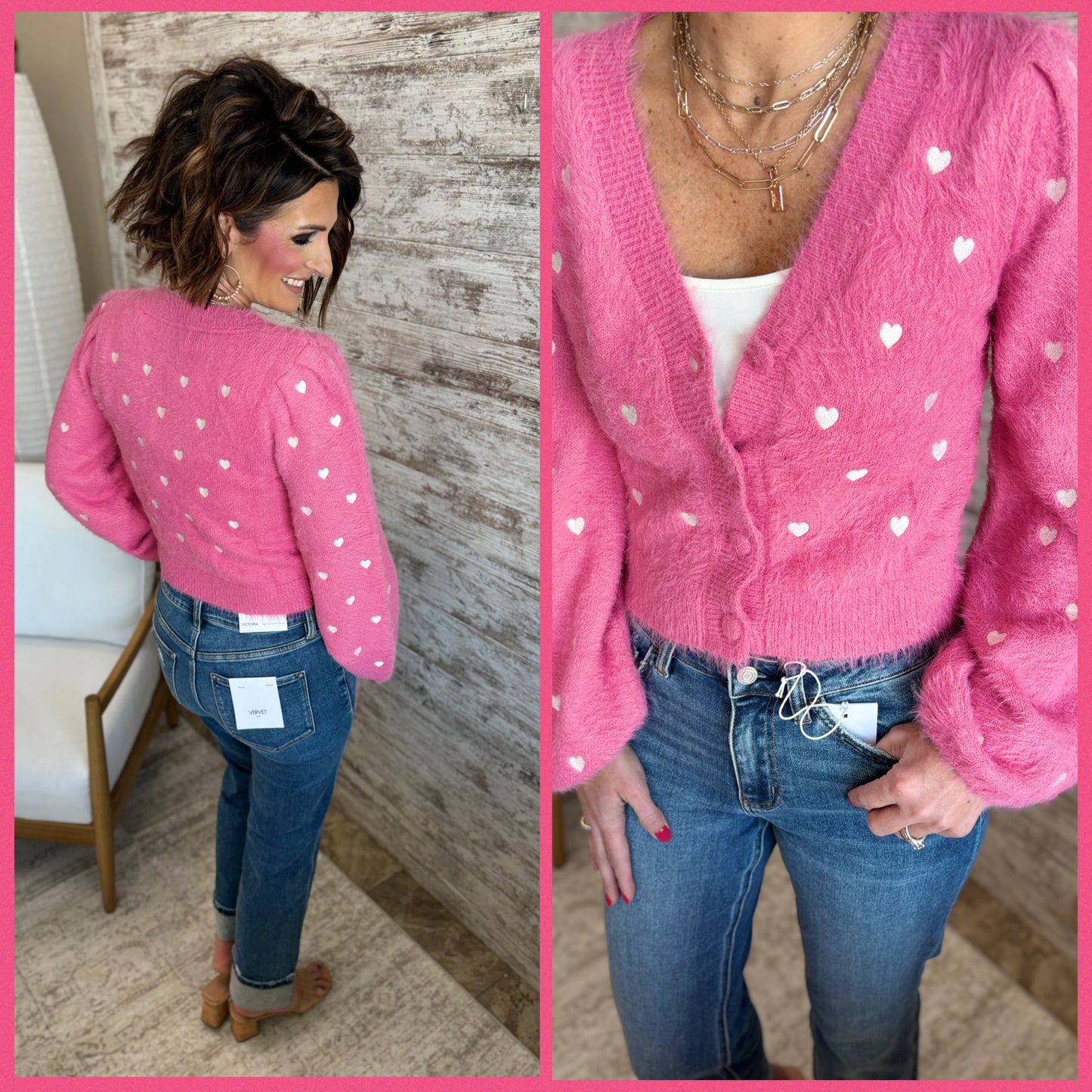Pink Puff Sleeve Heart Cardigan