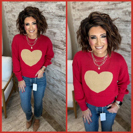 Red Heart Jacquard Crew Neck Knit Pullover Sweater