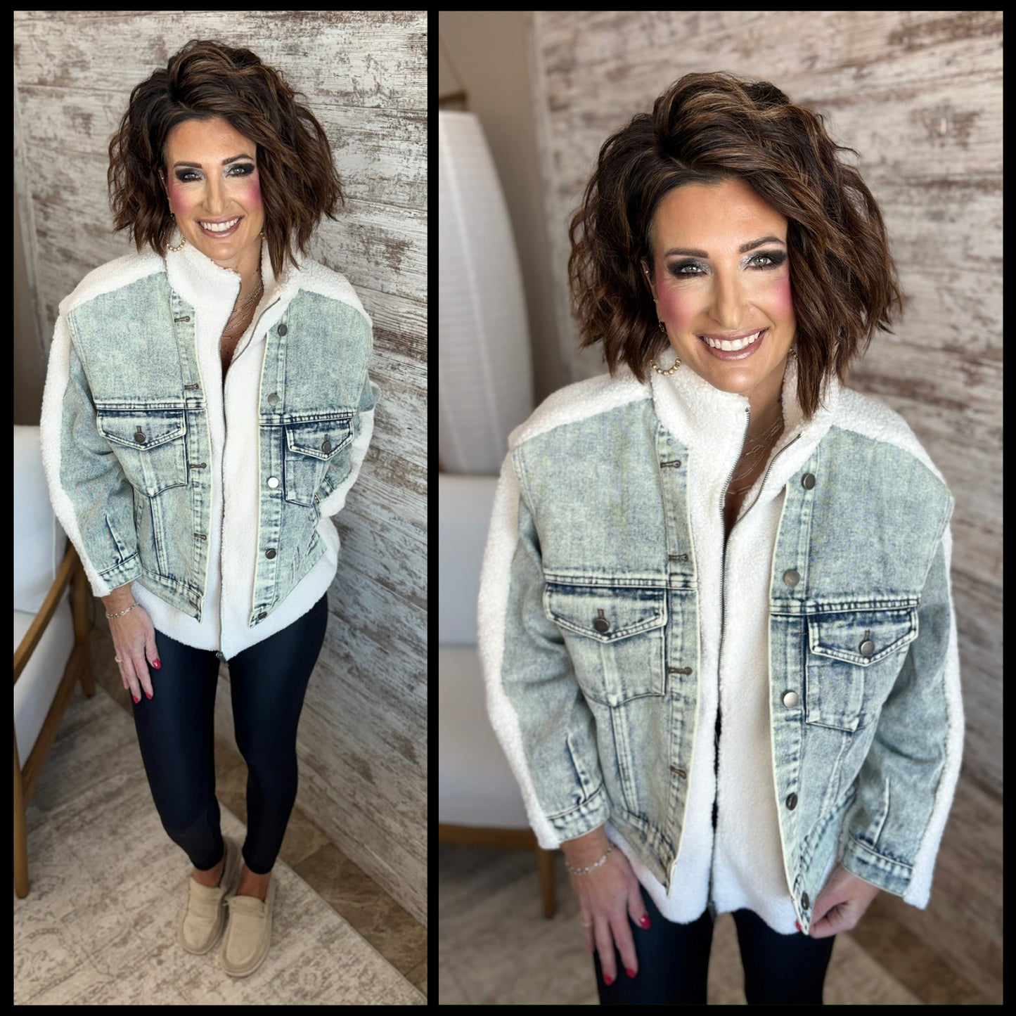 Teddy and Denim Mixed Zip Up Jacket