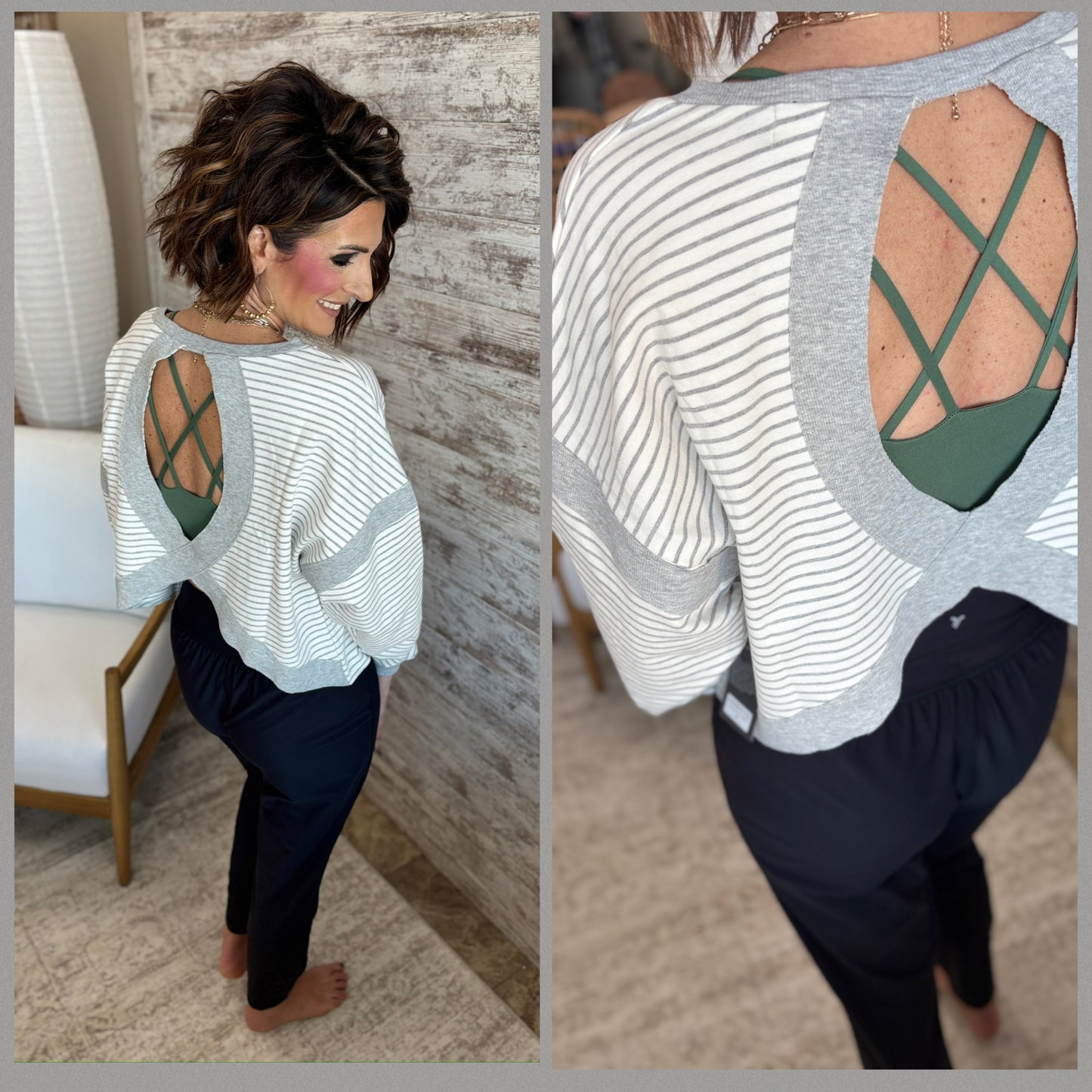 White and Grey Sriped Cutout Back Top