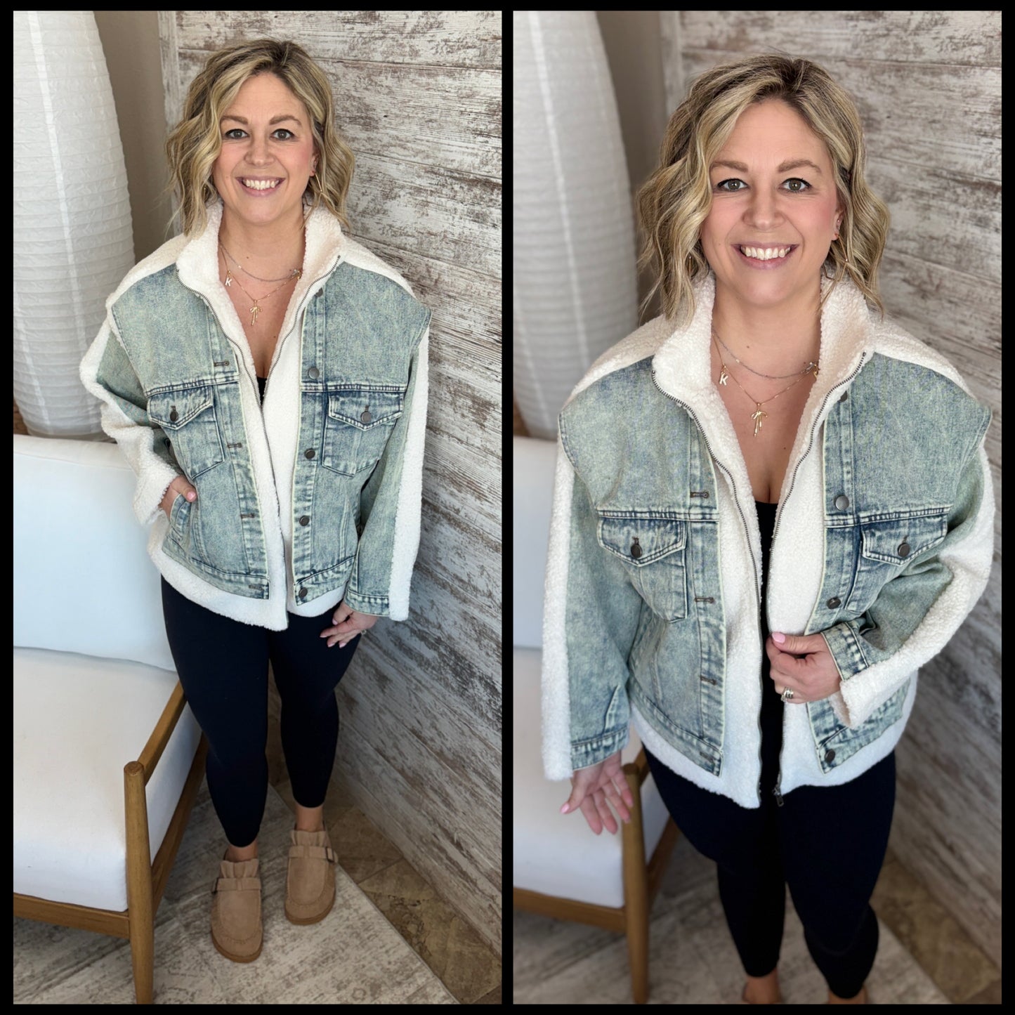 Teddy and Denim Mixed Zip Up Jacket