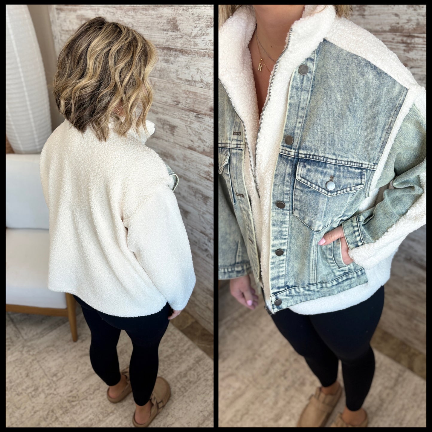 Teddy and Denim Mixed Zip Up Jacket