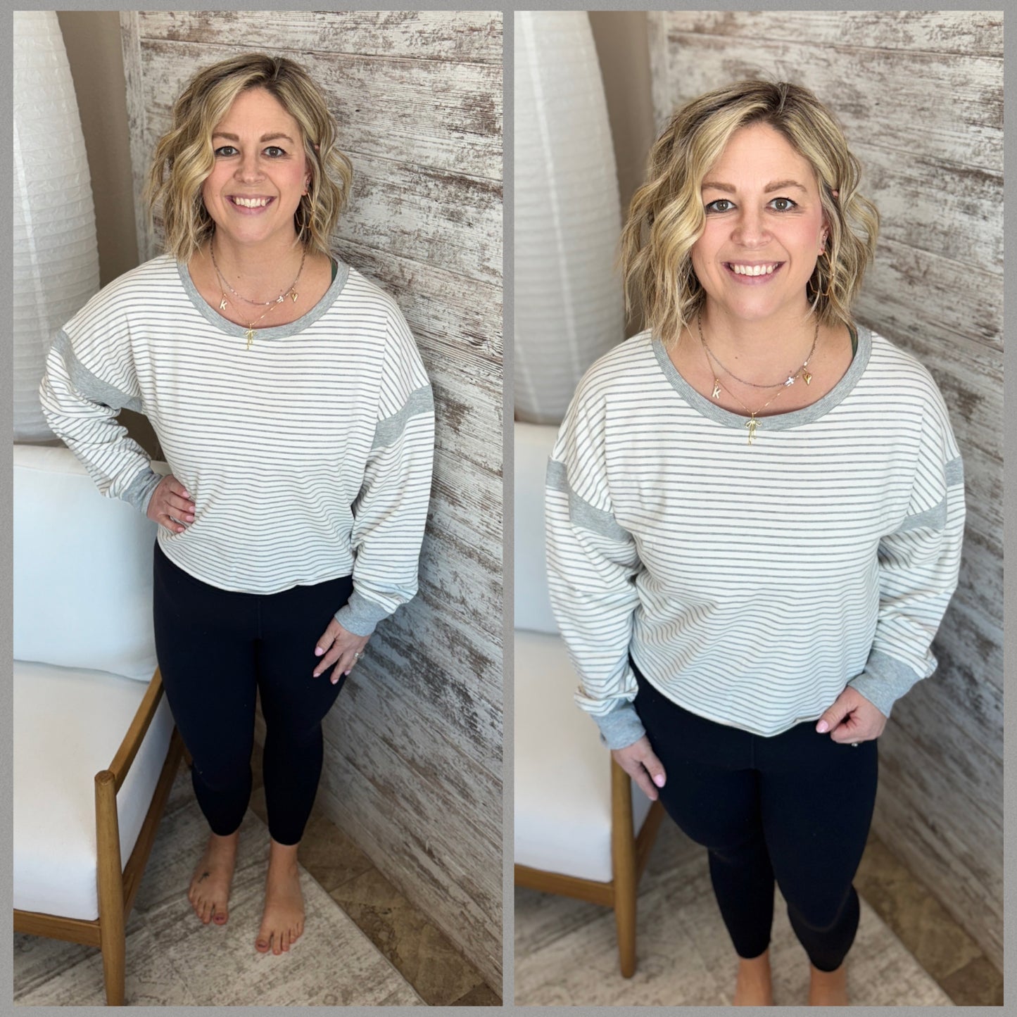 White and Grey Sriped Cutout Back Top