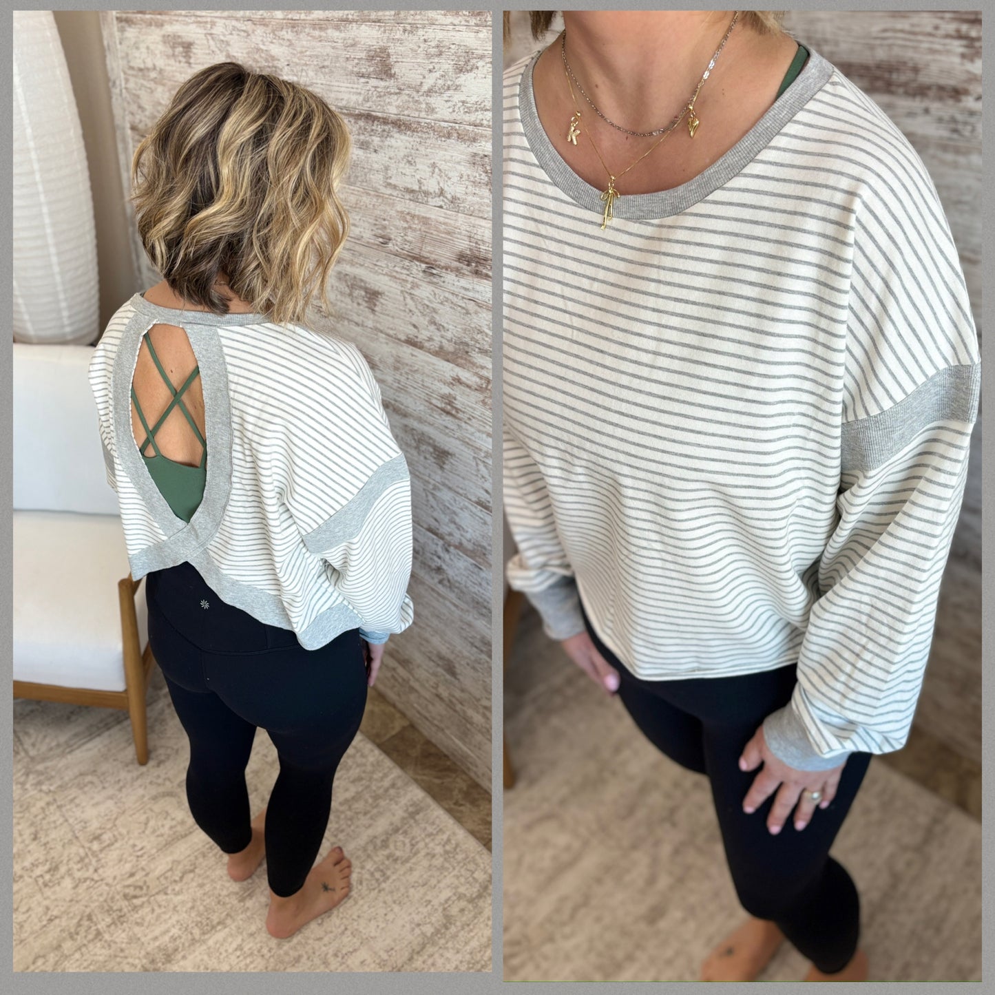 White and Grey Sriped Cutout Back Top