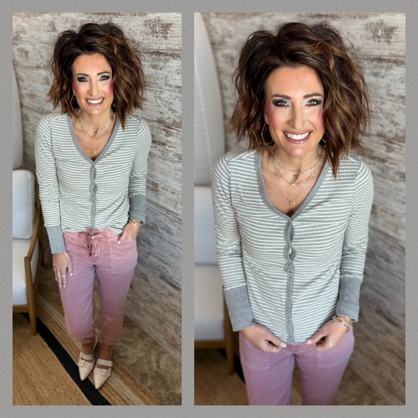Heather Grey and White Stripe Button Front V Neck