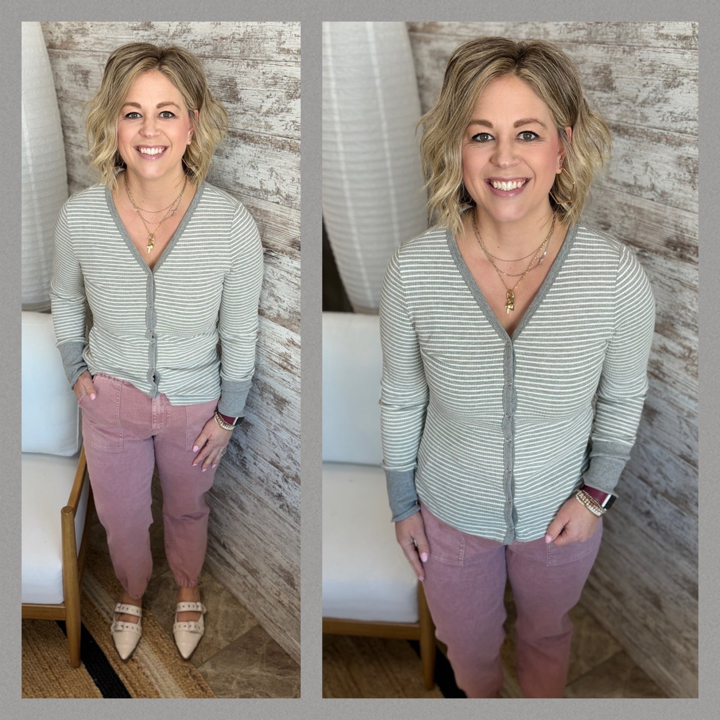 Heather Grey and White Stripe Button Front V Neck