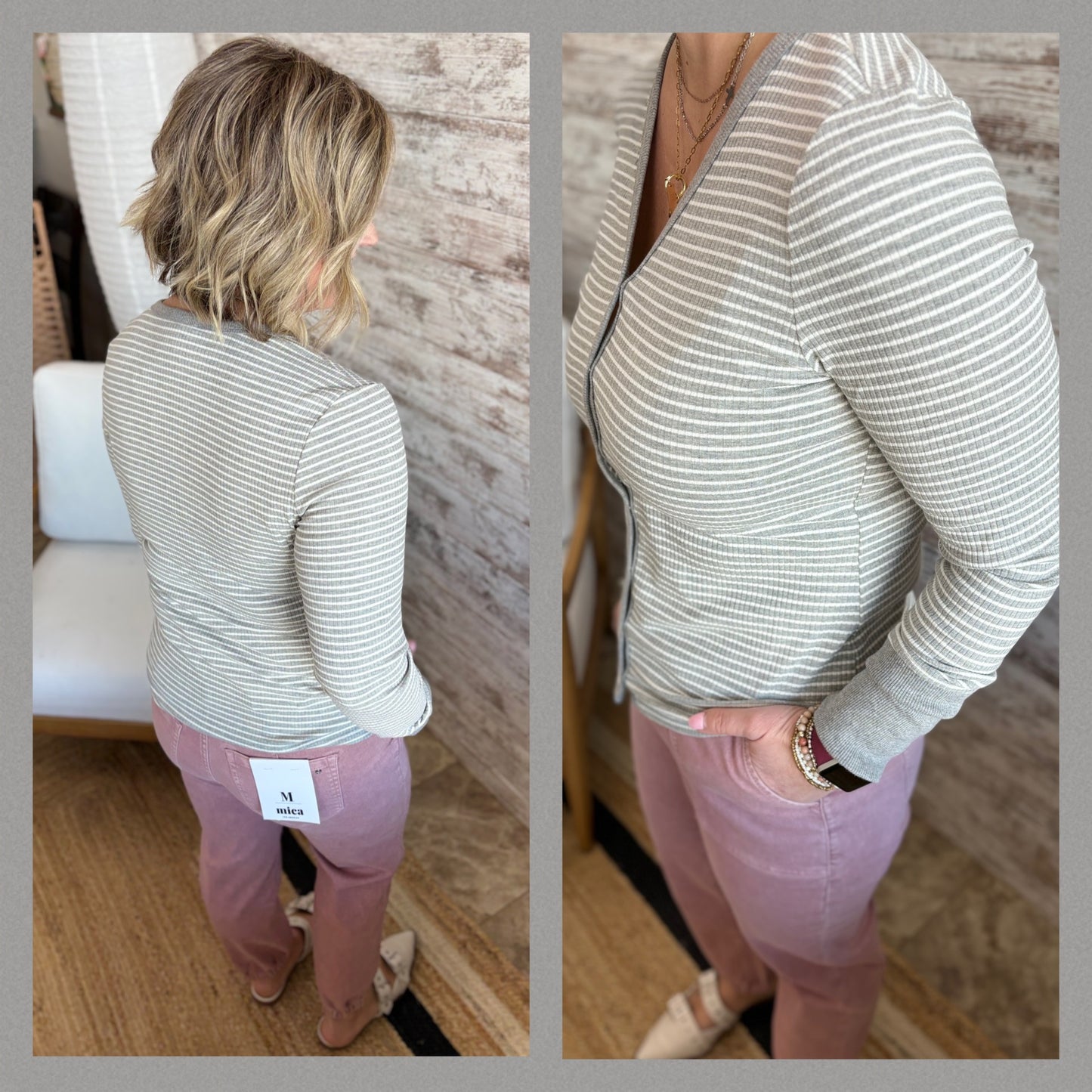 Heather Grey and White Stripe Button Front V Neck