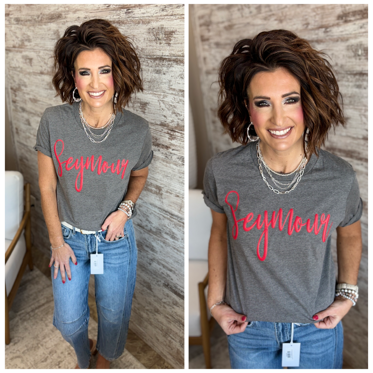 Seymour Cursive Red Puff Bella Canvas Deep Grey Tee