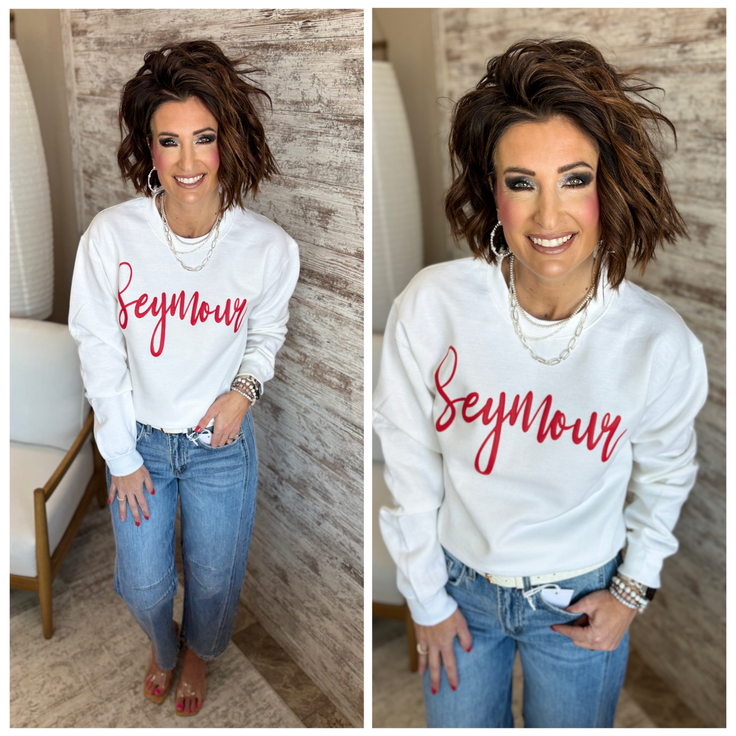Seymour Cursive Red Puff White Gildan Crew