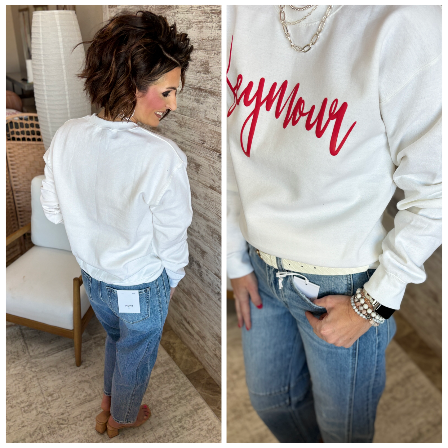 Seymour Cursive Red Puff White Gildan Crew