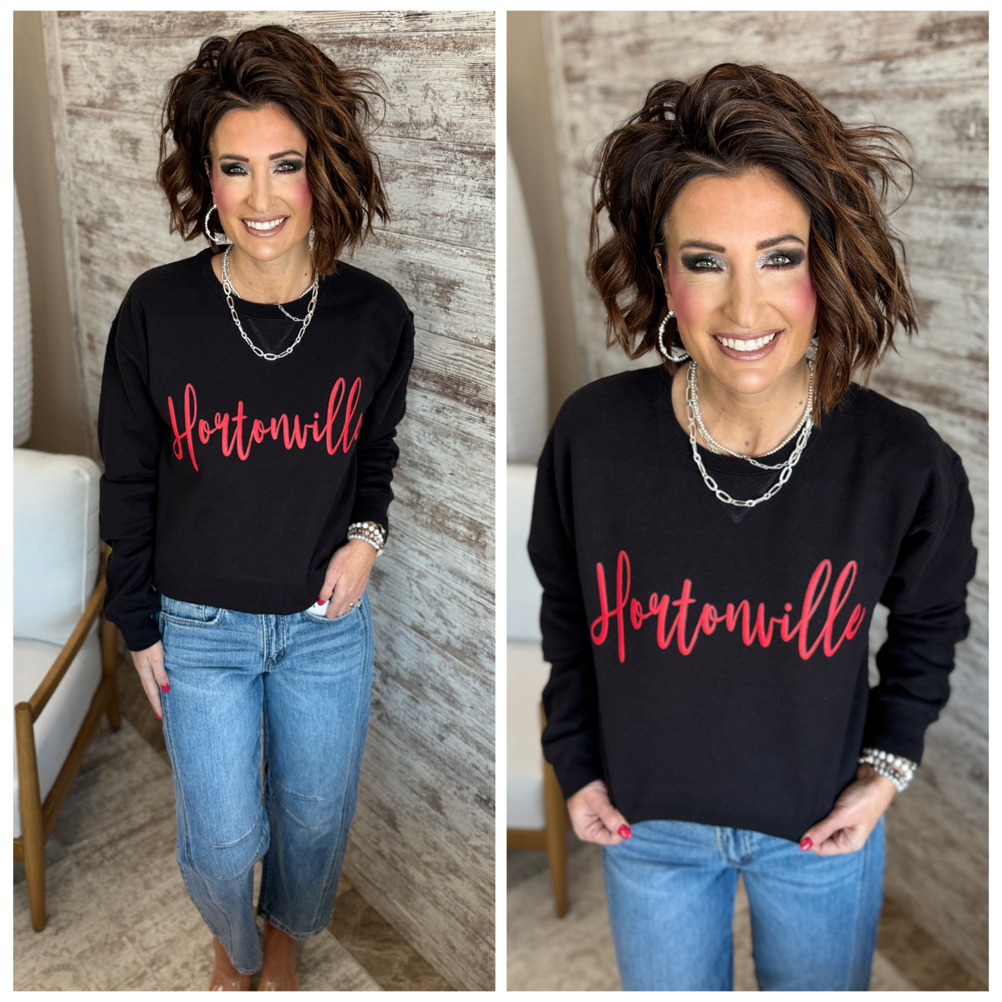 Hortonville Red Cursive Puff Black Comfort Wash Crew