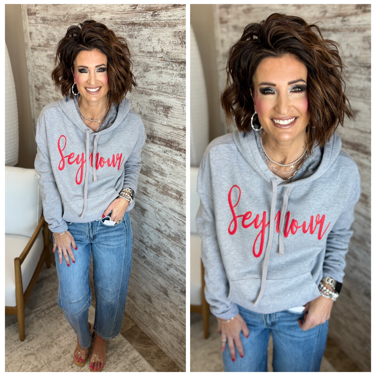 Seymour Cursive Puff Print Bella Canvas Heather Sponge Grey Hoodie