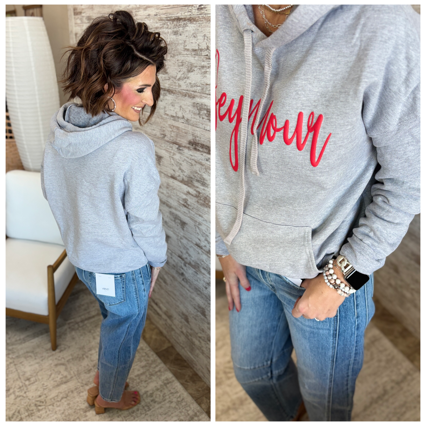 Seymour Cursive Puff Print Bella Canvas Heather Sponge Grey Hoodie