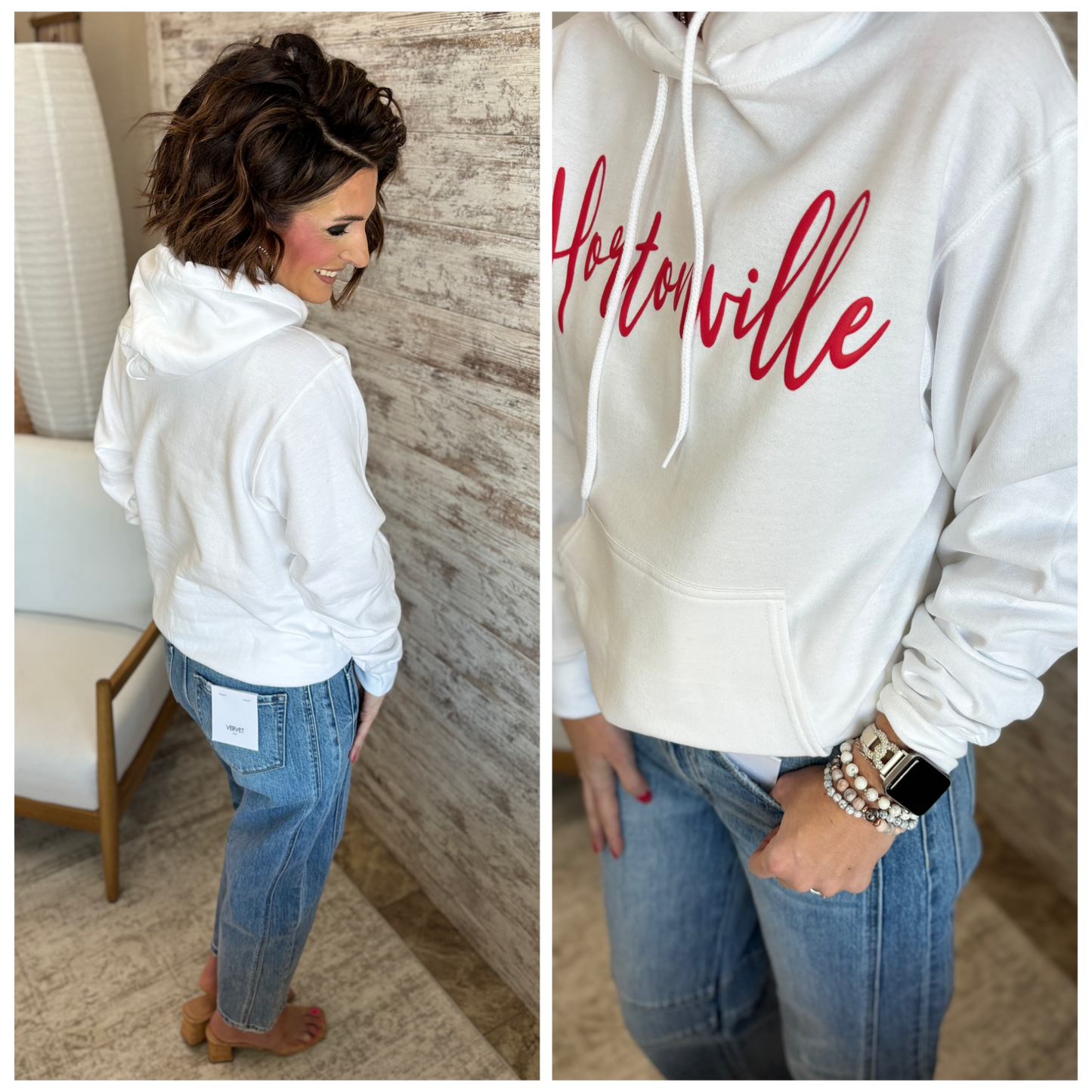 Hortonville Cursive Red Puff White Port & Company Hoodie