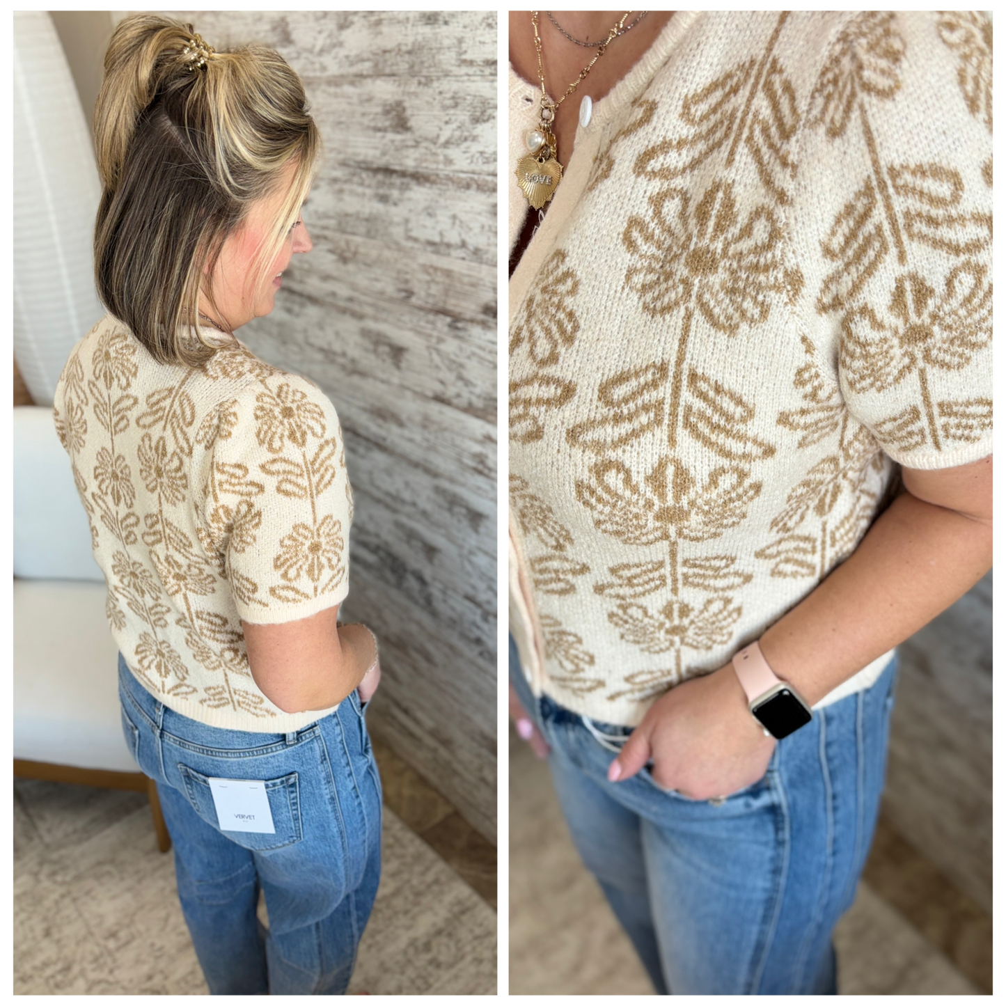 Beige Floral Puff Short Sleeve Cardigan