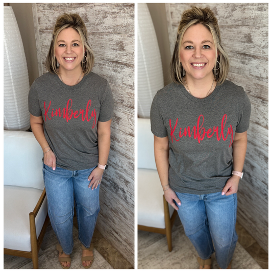 Kimberly Cursive Red Puff Bella Canvas Deep Grey Tee