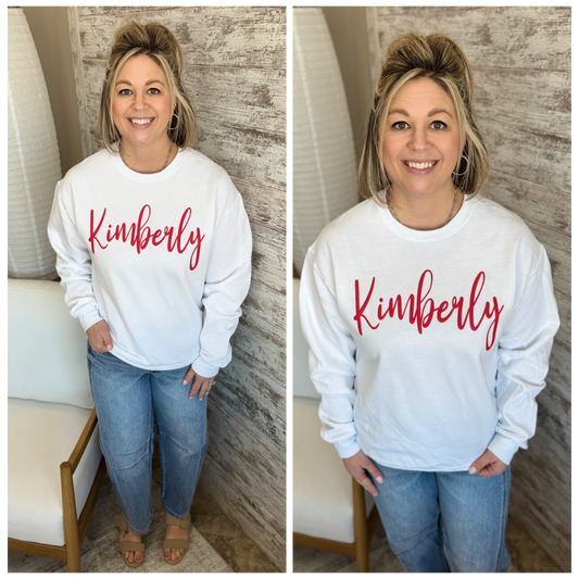 Kimberly Cursive Red Puff White Gildan Crew