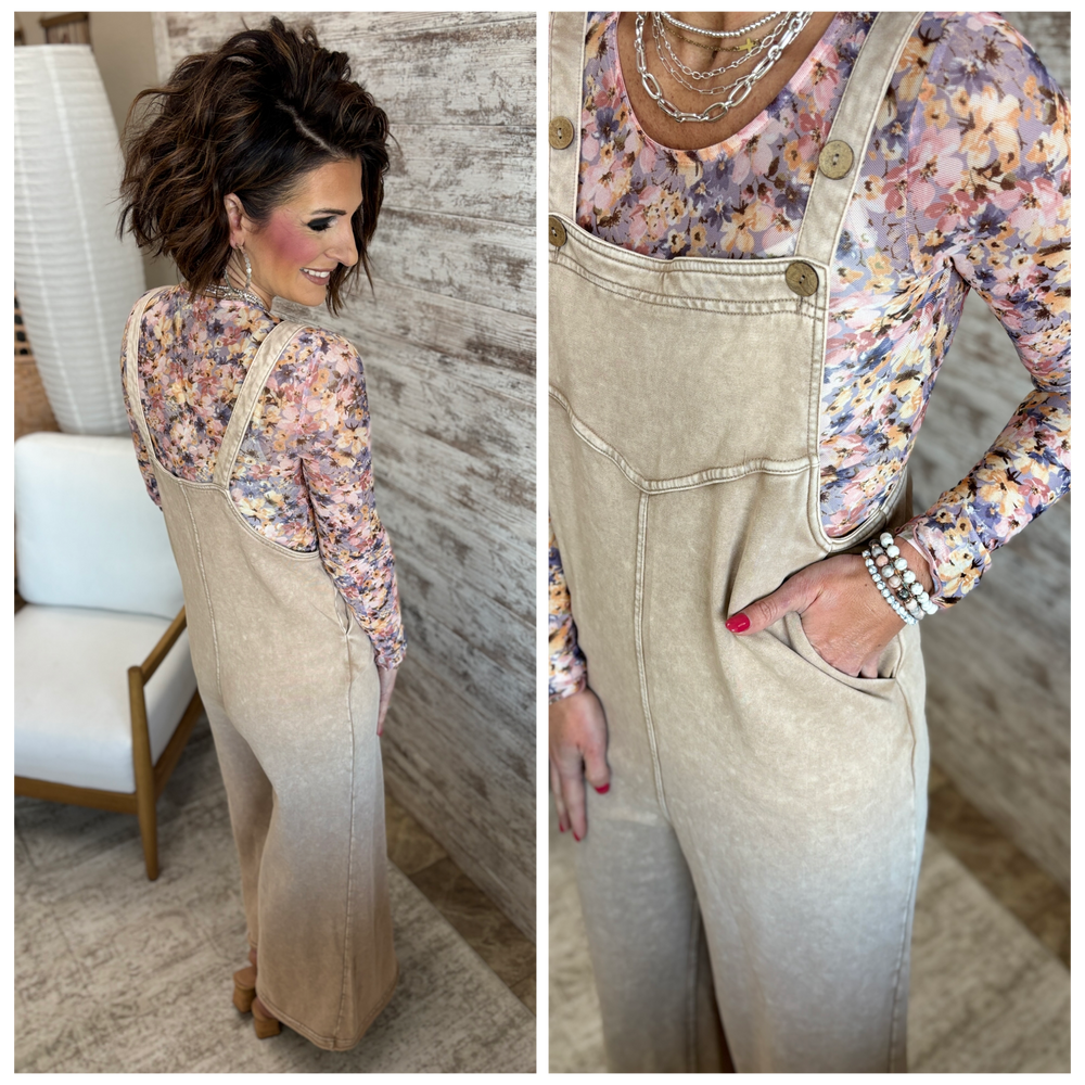 Beige Mineral Wash Wide Leg Jumpsuit