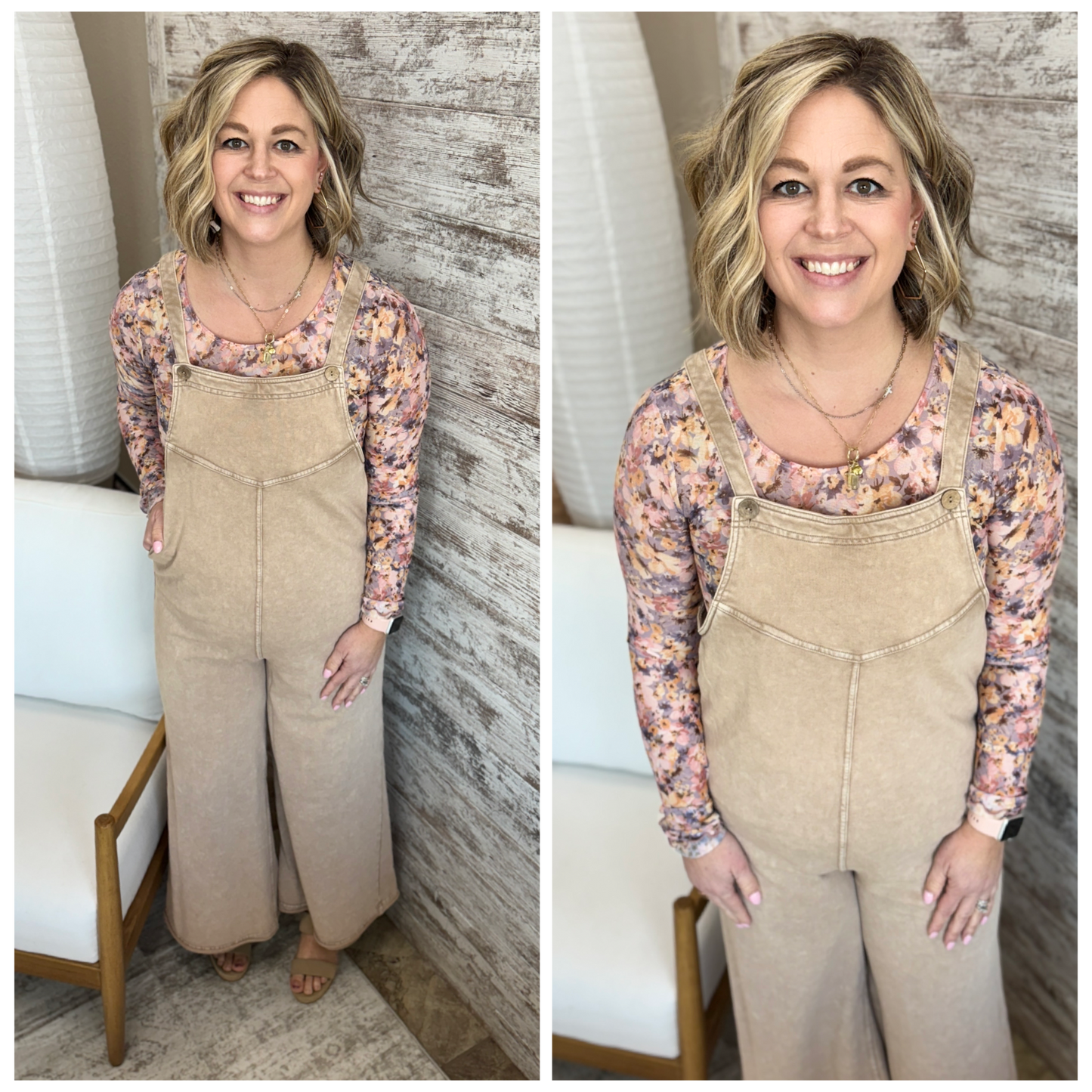 Beige Mineral Wash Wide Leg Jumpsuit