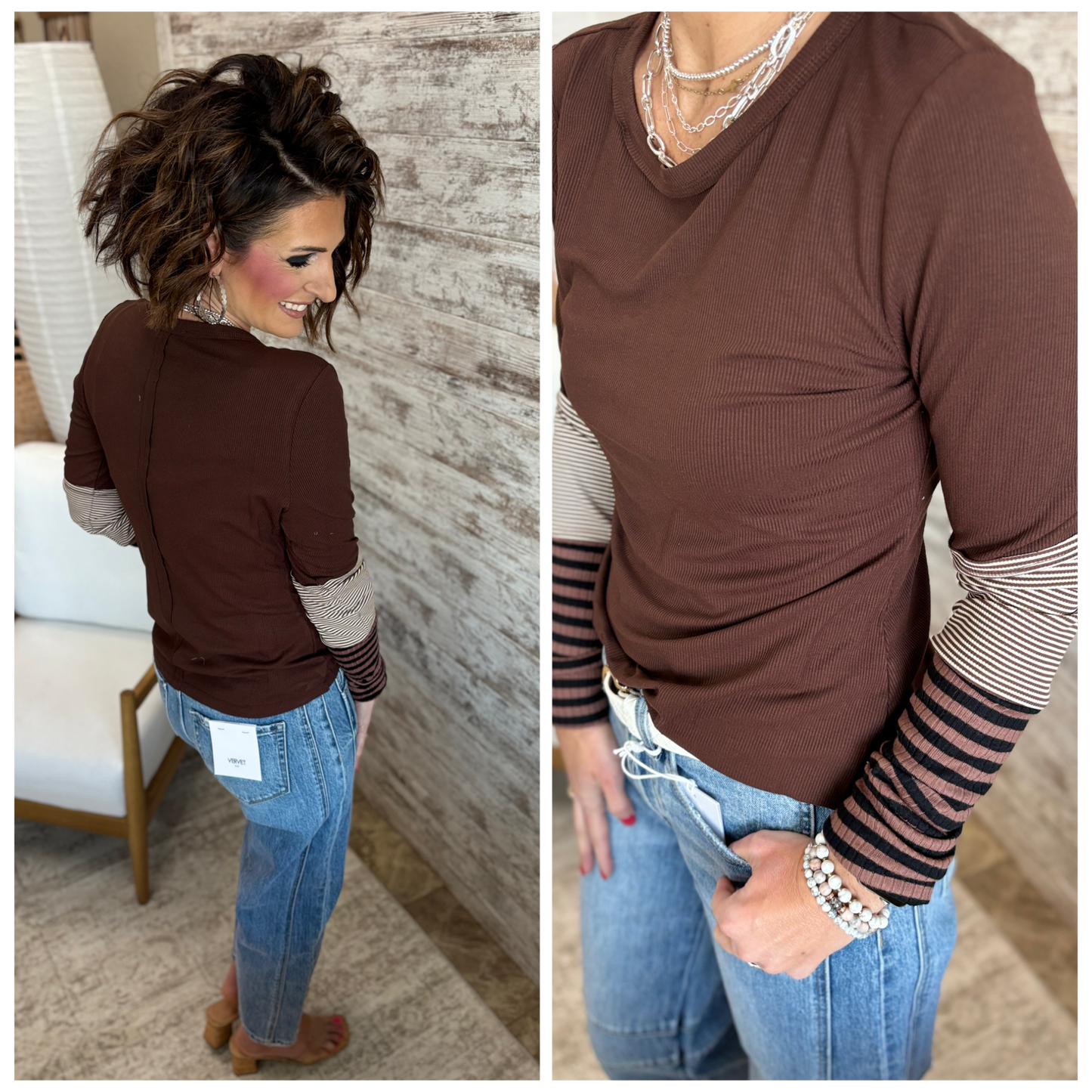 Brown Color Block and Stripe Long Sleeve