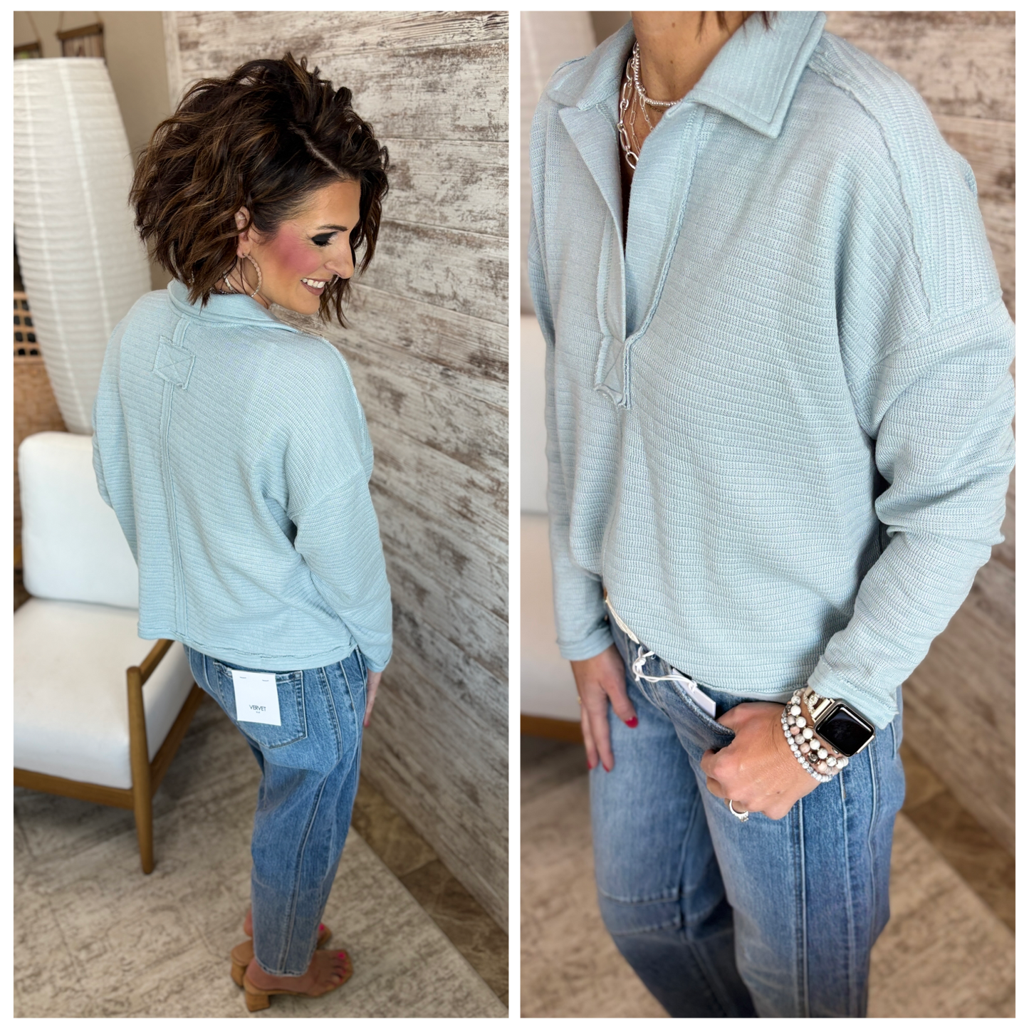 Light Bue Exposed Seam Knit Collared Shirt