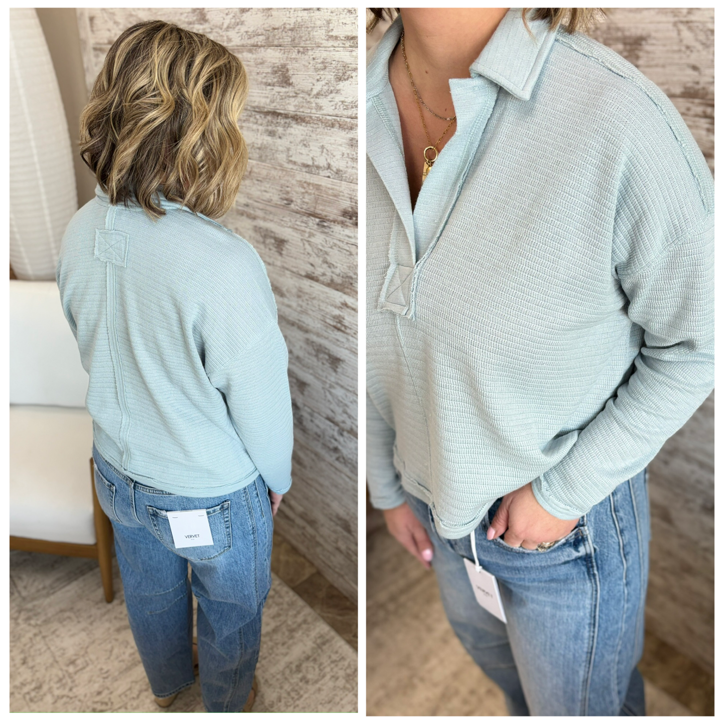 Light Bue Exposed Seam Knit Collared Shirt