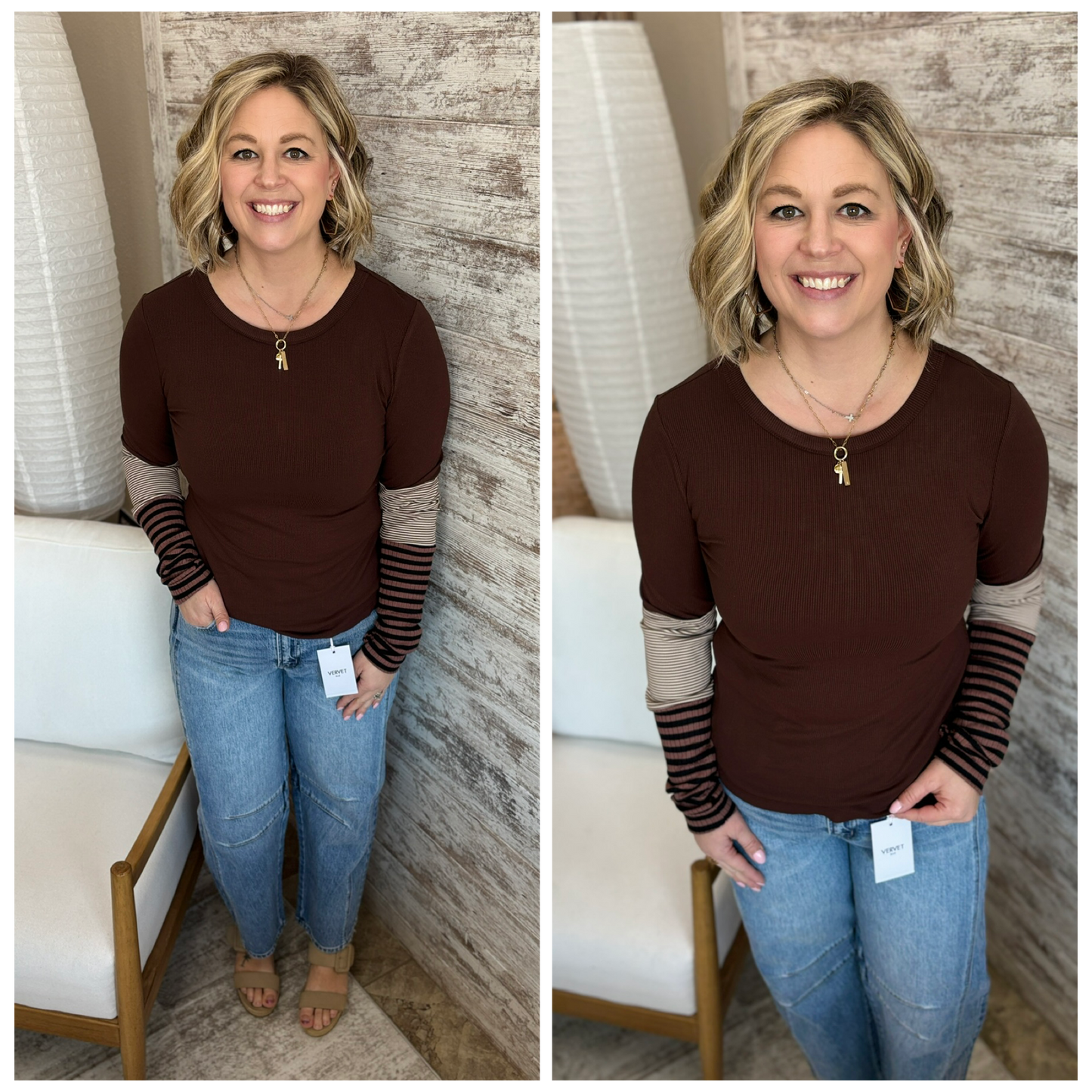 Brown Color Block and Stripe Long Sleeve