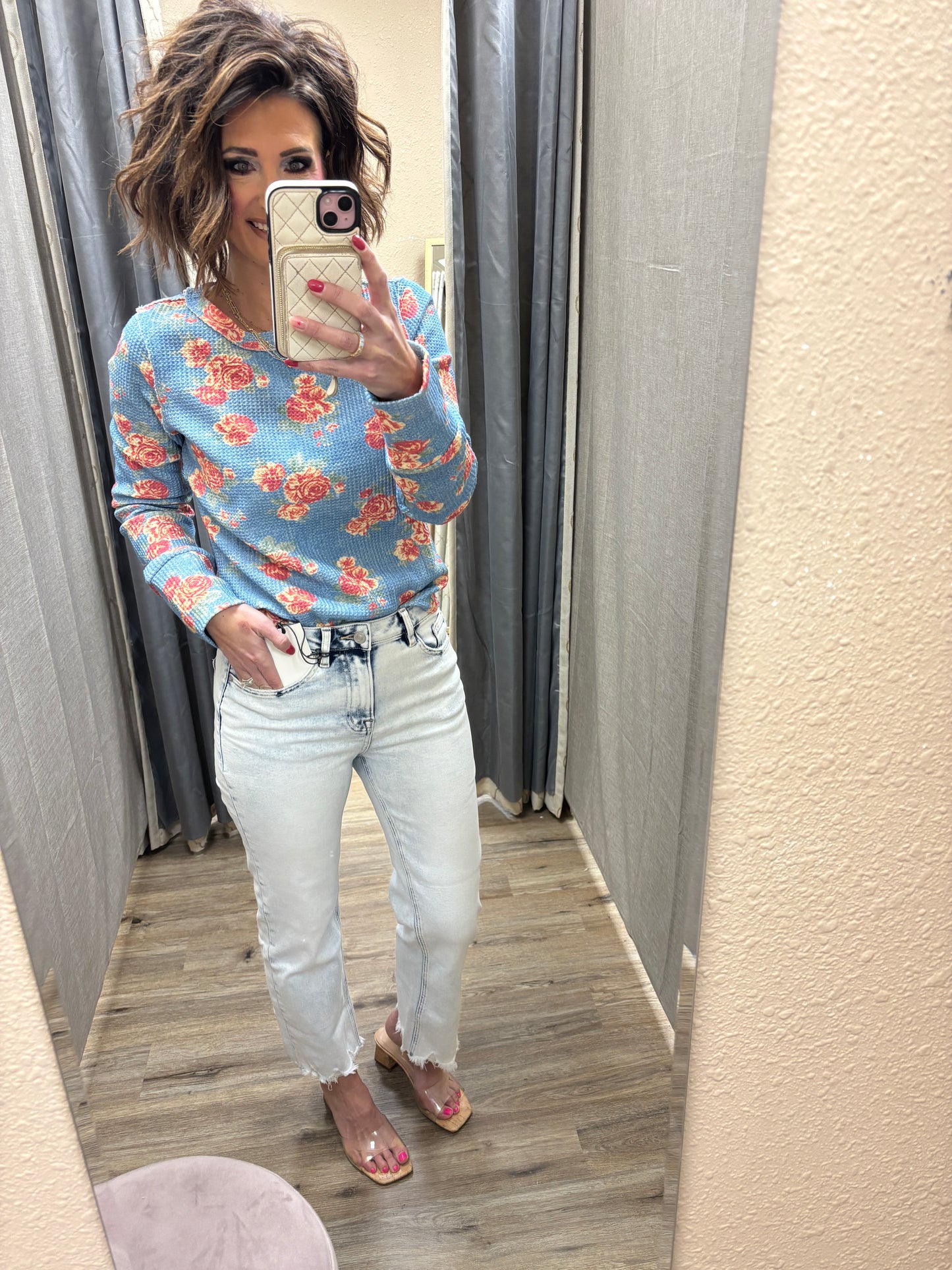 Denim Floral Waffle Washed Knit