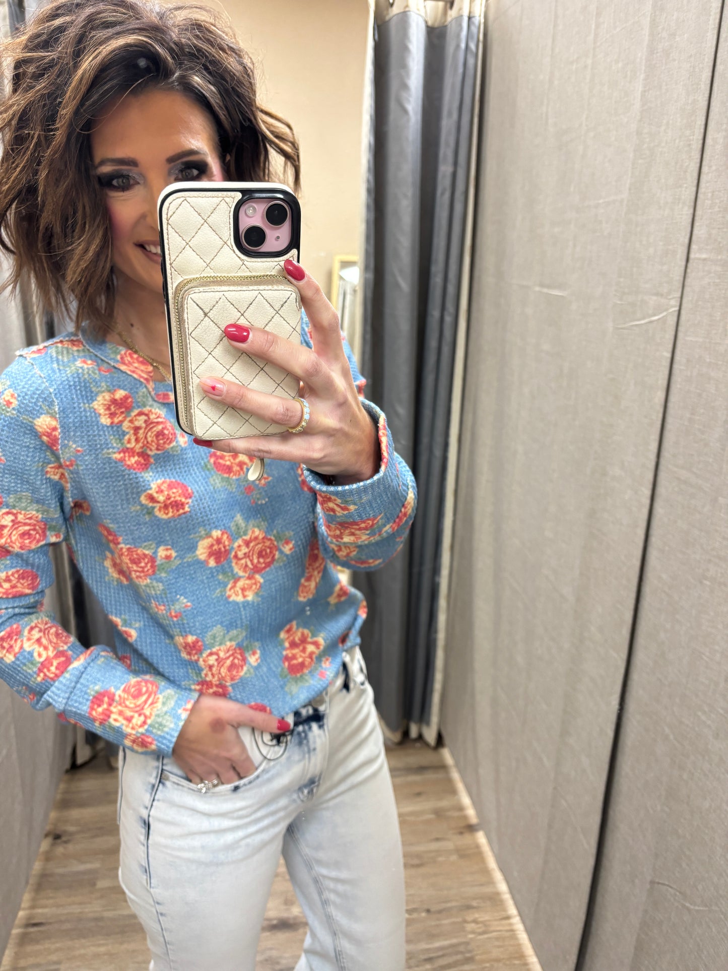 Denim Floral Waffle Washed Knit