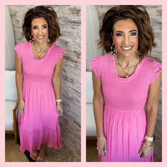 Pink Smocked Maxi Tiered Dress