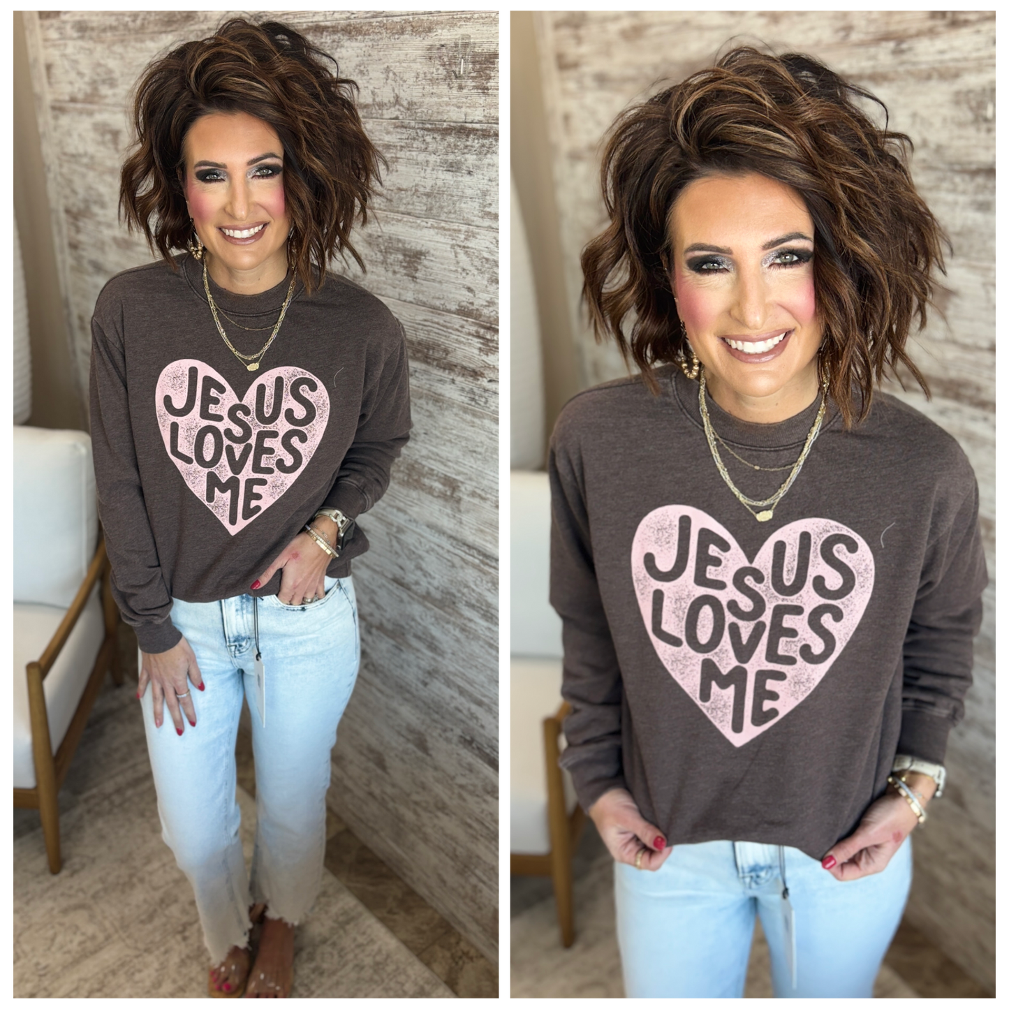 Jesus Loves Me Mineral Brown Crew Neck