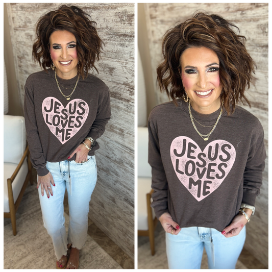 Jesus Loves Me Mineral Brown Crew Neck