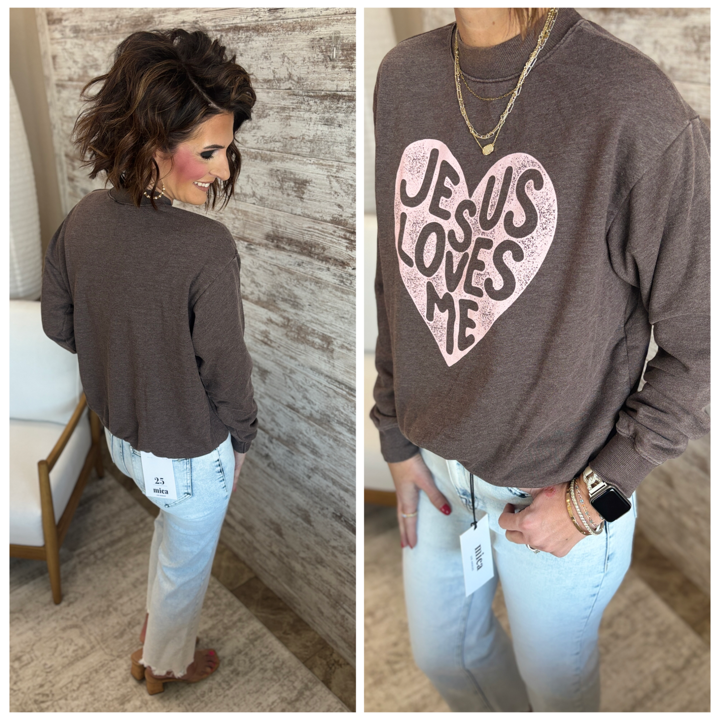 Jesus Loves Me Mineral Brown Crew Neck